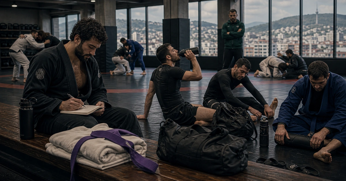 cinematic Brazilian Jiu-Jitsu camp scene in Georgia showing morning technical training
