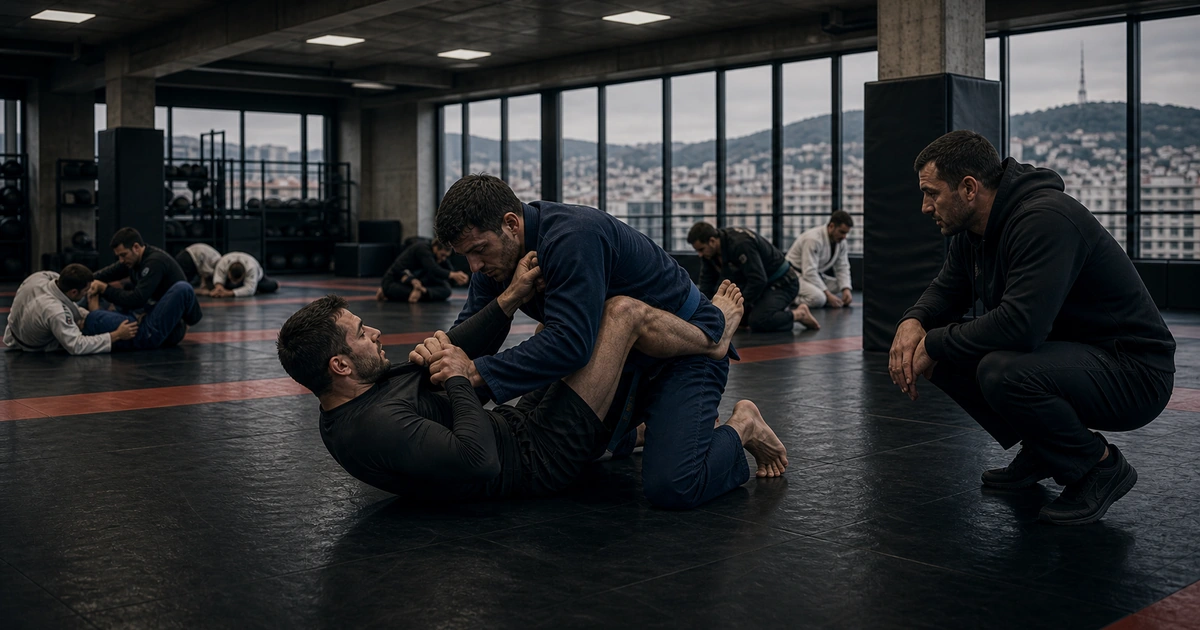 cinematic Brazilian Jiu-Jitsu camp scene in Georgia showing how the 7-day module works