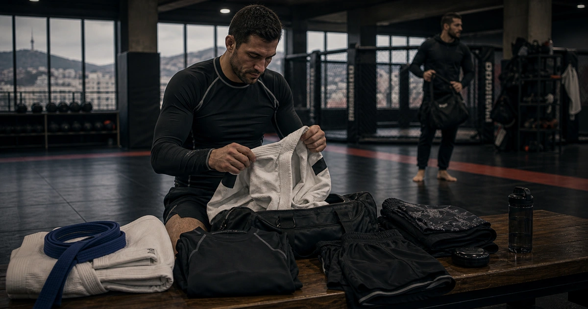 cinematic Brazilian Jiu-Jitsu camp scene in Georgia showing gi and no-gi kit
